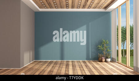 Empty blue living room with large window and hardwood floor - 3d rendering Stock Photo