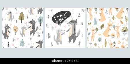 Forest seamless patterns collection. Backgrounds with cute wolves and rabbits - mothers and babies. Vector illustration Stock Vector