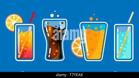 Different colored glasses with soda drinks with bubbles and tubes. Cocktail bar vector illustration. Stock Vector