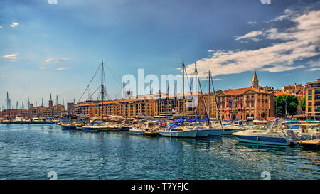 Marseilles, France, June 2018, boats on the Mediterranean Sea moored in the Old Port Stock Photo