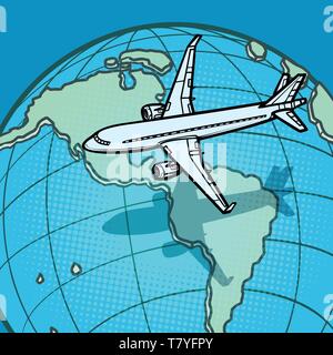 plane flies over globe America. Comic cartoon pop art vector retro vintage drawing Stock Vector