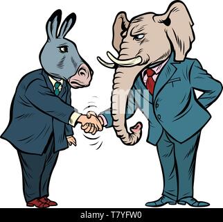 donkey shakes elephant hand. Democrats Republicans. isolate on white background Comic cartoon pop art vector retro vintage drawing Stock Vector