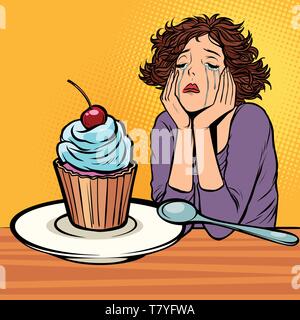 lonely unhappy woman. cupcake dessert. Comic cartoon pop art vector retro vintage drawing Stock Vector