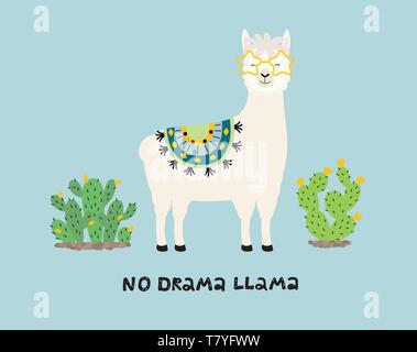 Cute cartoon llama with an inscription no drama llama Stock Vector