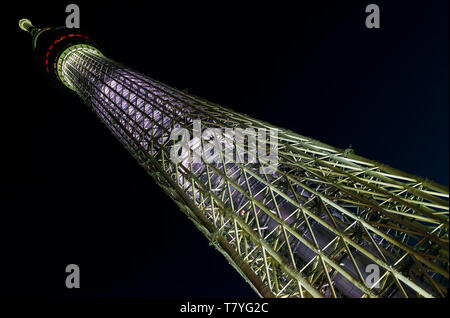 Night view of Tokyo Skytree, the tallest communication tower in the world, seen from below Stock Photo