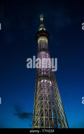 Evening view of Tokyo Skytree, the tallest communication tower in the world, seen from below Stock Photo