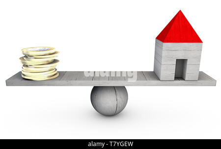 Wooden home and money coins stack on wood scale. Property investment and house mortgage financial real estate concept. 3d rendering Stock Photo