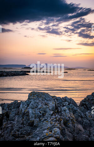 Arisaig beach, view towards Isle of Skye, Eigg and Rhum, Highlands, Scotland, UK Stock Photo