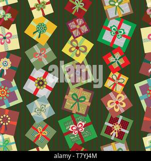 Bright Christmas presents in a vertical linear seamless vector pattern on subtly striped dark green and burgundy background. Great for giftwrap Stock Vector