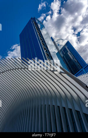 View from beneath the Oculus (World Trade Center Transportation Hub) looking up towards 3 WTC and 4 WTC buildings, Lower Manhattan, New York City, USA Stock Photo
