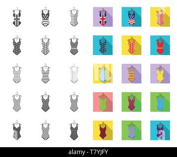 Different types of swimsuits mono,flat icons in set collection for design. Swimming accessories vector symbol stock  illustration. Stock Vector