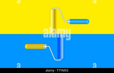 Illustration of the paint rollers on yellow and blue background Stock Vector