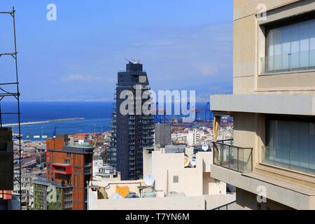 Lebanon, Beirut, modern high-rise buildings with harbor views Stock Photo