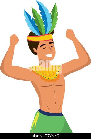 man celebrating brazil carnival with feather headdress and