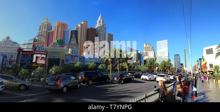 LAS VEGAS, NV, USA - FEBRUARY 2019: Panoramic view in Las Vegas with the New York New York Hotel on the left and the MGM Grand Hotel on the right. Stock Photo