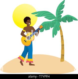 man with guitar celebrating brazil carnival on beach with palm and sun vector illustration editable Stock Vector