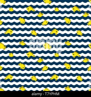 Fish and waves in the style of flash. Use seamless pattern for textiles, backgrounds and baby clothes. Stock Vector