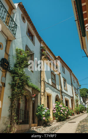 Old colorful houses in alley on slope at Castelo de Vide. Nice town with medieval castle at the Portugal eastern border. Stock Photo