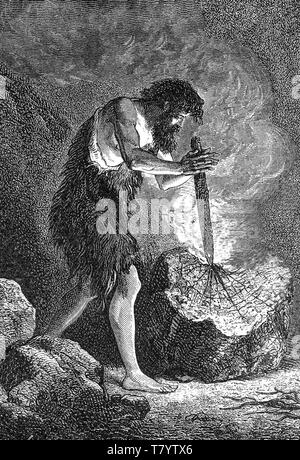 Early Humans Making Fire Stock Photo