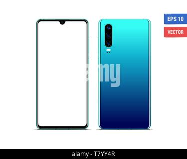 Realistic vector flat mock-up Huawei P30 with blank screen isolated on white background. Scale image any resolution Stock Vector