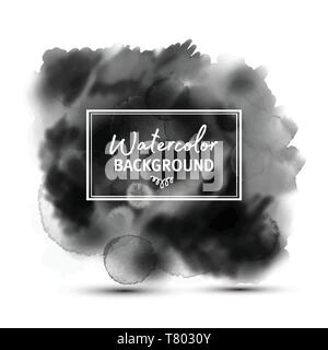 Dark gray black watercolor vector stains isolated on white with realistic paper watercolor texture. Aquarelle grey vibrant spots. Stock Vector