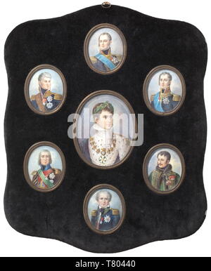 Napoleon Bonaparte - seven miniatures. Oil on ivory. The oval miniature in the centre shows the emperor wearing a laurel wreath and an ermine cloak, surrounded by six miniature portraits of his generals. All of the miniatures mounted in oval brass frames under glass on a velvet-covered wooden plate with a scalloped rim, cloth backing and the paper label 'Napoleon et ses généraux Chatillon' glued on the back. Dimensions of the framed miniatures 11 x 7 cm. Plate dimensions 28 x 35 cm. historic, historical, France, Imperial, French Empire, object, o, Additional-Rights-Clearance-Info-Not-Available Stock Photo