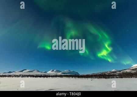 Northern Lights (Aurora Borealis) over snowy mountains, Abisko National Park, Abisko, Lapland, Sweden Stock Photo