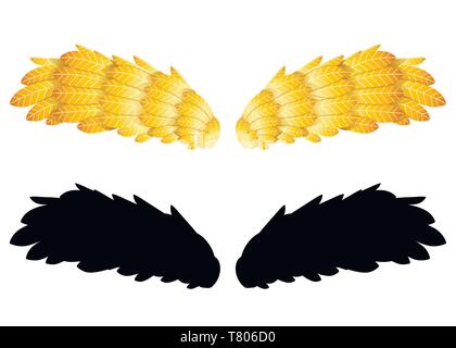 Golden feathers wings. Two wings, black silhouette. Flat  illustration isolated on white background. Abstract  logo icon. Stock Vector