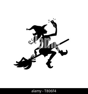 Witch on a broom makes a selfie, black silhouette. Heluin is a fun sticker. Stock Vector