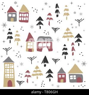 Christmas pattern with houses and trees Stock Vector