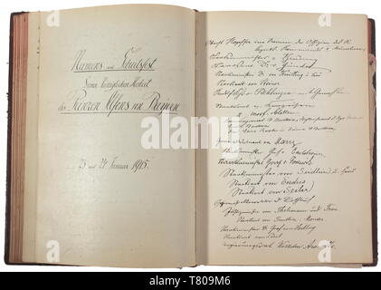 Prince Alfons of Bavaria (1862 - 1933) - a guest book from the Alfons Palace The leather-bound album with the title on the front set in gold letters (tr.) 'Guest Book for Their Royal Highnesses Prince and Princess Alfons of Bavaria'. The front flyleaf with a dedication for Prince Alfons's birthday on 24 January 1911 and beginning of the book. There are circa 250 pages with hundreds of original autographs and dedications by leading personalities among the nobility, politicians, middle class, and military. Impressive names such as Graf Bothmer, v. , Additional-Rights-Clearance-Info-Not-Available Stock Photo