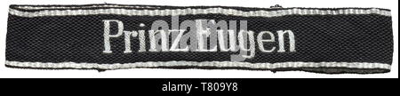 A sleeveband 'Prinz Eugen' for officers of the 7th SS-Freiwilligen-Gebirgs-Division. Black and silver (oxidised) flatwire-woven version with sewn ends. Length 47 cm. historic, historical, 20th century, 1930s, 1940s, secret service, security service, secret services, security services, police, armed service, armed services, NS, National Socialism, Nazism, Third Reich, German Reich, Germany, utensil, piece of equipment, utensils, object, objects, stills, clipping, clippings, cut out, cut-out, cut-outs, fascism, fascistic, National Socialist, Nazi, Nazi period, uniform, unifor, Editorial-Use-Only Stock Photo