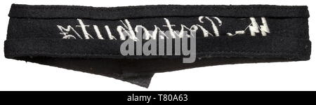 A sleeveband 'SS-Postschutz' for enlisted men/NCOs made of black wool felt with white-embroidered lettering. Length 39 cm. historic, historical, 20th century, troop, troops, SS, Schutzstaffel, Editorial-Use-Only Stock Photo