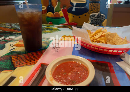 Appetizer of chips and salsa served in a Mexican restaurant. USA. Stock Photo