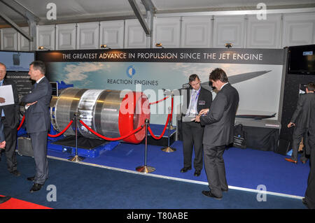 Reaction Engines Limited (REL) British aerospace manufacturer based in Oxfordshire, England, UK. Trade promotional stand at Farnborough airshow Stock Photo