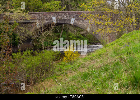 Old stone bridge over a the river isla running towards the Reekie Linn waterfall near Alyth, in Highland Perthshire, Scotland. Stock Photo