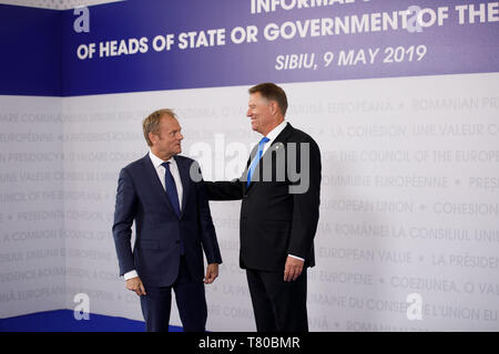 Sibiu, Romania. 9th May, 2019. President of Romania Klaus Werner Iohannis welcomes President of the European Council Donald Tusk at the Informal Summit of Heads of State of government of the European Union in Sibiu, Romania. 9th May, 2019. Credit: JP Black/ZUMA Wire/Alamy Live News Stock Photo