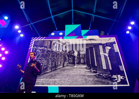 Amsterdam, North Holland, Netherlands. 9th May, 2019. Multimedia artist and best-selling author, James Bridle is giving a talk about technology during the TNW conference. The 14th edition of the TNW conference was inaugurated in Amsterdam at the NDSM, a creative hub for artists and entrepreneurs. James Bridle, is a multimedia artist and best-selling author, he discussed the tech hurdles we face. His new book, New Dark Age, is a collection of gripping examples of how we misidentify the dangers technology presents. Credit: Ana Fernandez/SOPA Images/ZUMA Wire/Alamy Live News Stock Photo