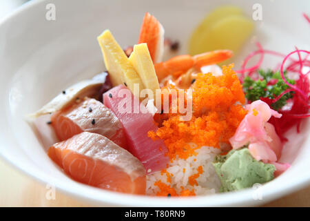 Bowl of Japanese mix sashimi don on rice Stock Photo