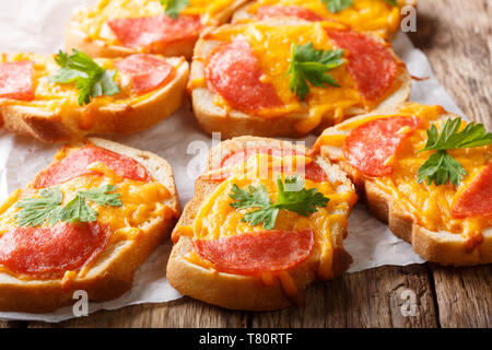 Delicious appetizer toasts with salami sausage and melted cheddar cheese close-up on the table. horizontal Stock Photo