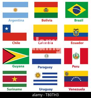 Flags of the all independent countries of South America in alphabetical order Stock Vector