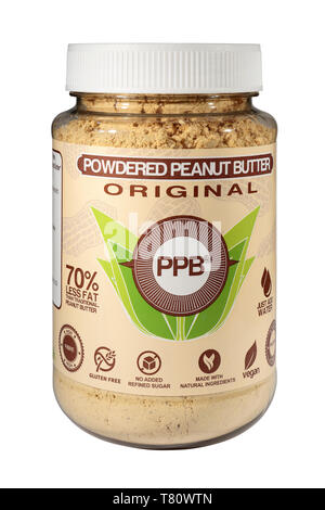 A Jar of PPB - Powdered Peanut Butter - 70% less fat, high fibre, gluten free, no added refined sugar, vegan, isolated on a white background Stock Photo