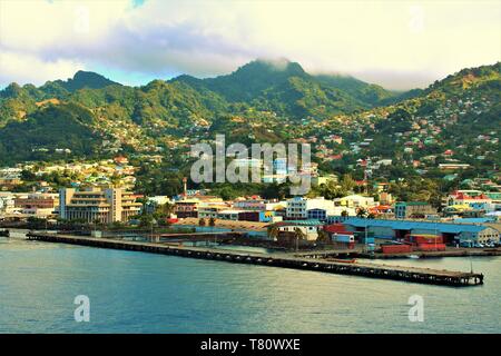 A view across the port and town of Kingstown, the capital of the Caribbean island of St Vincent. Shot taken from the top of a cruise ship in port. Stock Photo