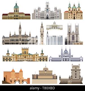 vector set of abstract castles, houses, buildings, palaces and other elements and landmarks of city skyline Stock Vector
