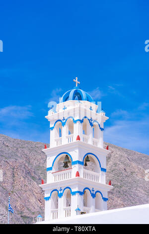 Bell tower of Church of Holy Cross in Perissa on Santorini island, Greece Stock Photo