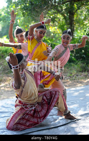 Gotipua dancers in costume, performing traditional Gotipua dance in rural village, Odisha, India, Asia Stock Photo