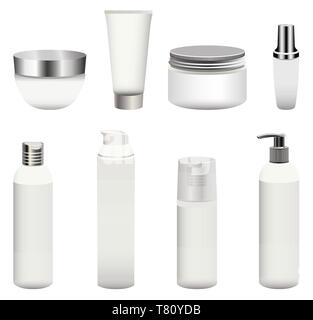 vector set of blank cosmetics packages (bottles, containers, cream jars and other) isolated on white background. Realistic mock-up collection Stock Vector