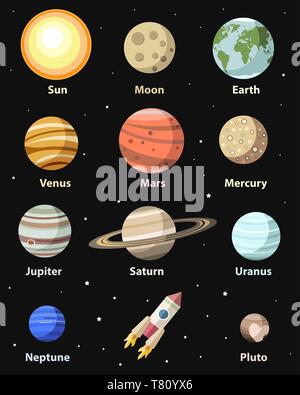 vector isolated planets and astronomical bodies, colorful flat style illustrations. All planets of Solar System (plus Moon and Pluto) Stock Vector