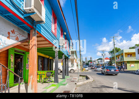 View of shop and Cathedral on Newgate Street, St. John's, Antigua, West Indies, Caribbean, Central America Stock Photo