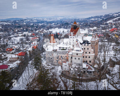 Bran Castle covered in snow in winter, Transylvania, Romania, Europe Stock Photo